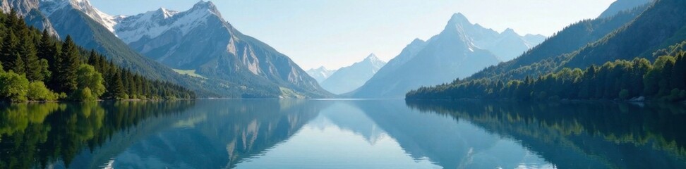 Water surface with reflection of mountain peaks, forest, water, scenery