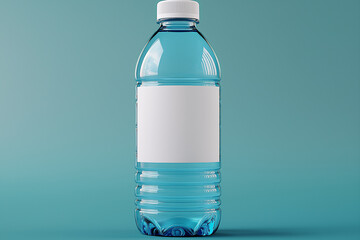 Plastic water bottle with blank white label on solid blue background, modern product packaging concept for hydration, branding, advertising, and commercial marketing design