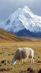 Fototapeta premium In an expansive field, a kiang grazes serenely against a backdrop of towering snow-capped peaks. The scene radiates calmness as nature thrives under soft light