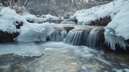 Obraz premium Frozen stream cascading through snowy winter forest