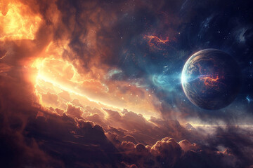 Cosmic Landscape with a Glowing Planet