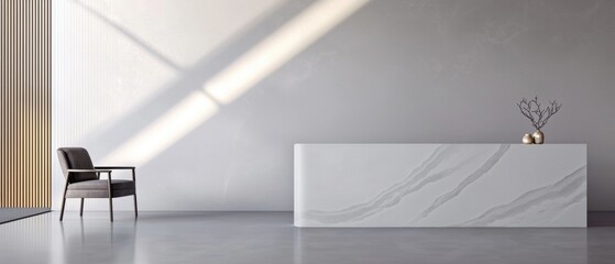 Modern and minimalist interior design of a room with a large white marble countertop in the center.