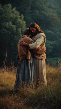 Jesus Christ cosplayer hugging a person in the field beside woods, Jesus love concept, Humanity in Christianity generative AI