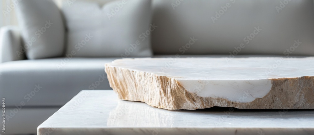 Poster close-up of a white marble coffee table with a rectangular piece of wood on top. the wood appears to