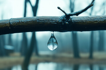 Water Droplet Hanging from Branch Reflecting Trees and Water