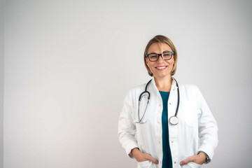 Mature beautiful doctor woman over isolated background laughing