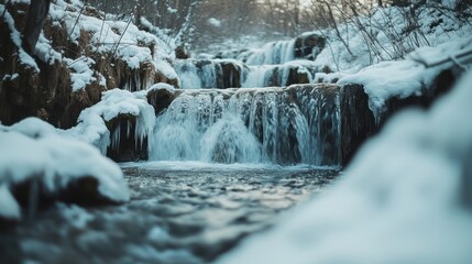 Winter waterfall flowing through snowy rocks; tranquil nature scene