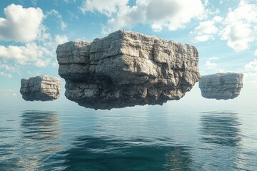 A surreal landscape with giant floating rocks suspended above a serene ocean, the scene otherworldly and peaceful, blending the elements of air and water