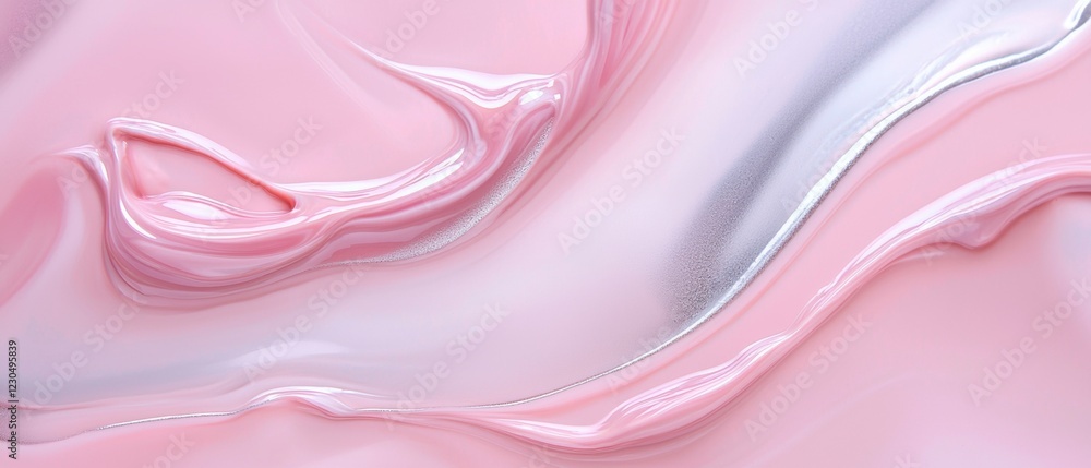 Poster abstract digital art piece with a pink and silver color scheme. the background is a soft pink color 