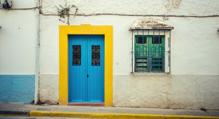 Vibrant blue door with yellow trim against a white wall