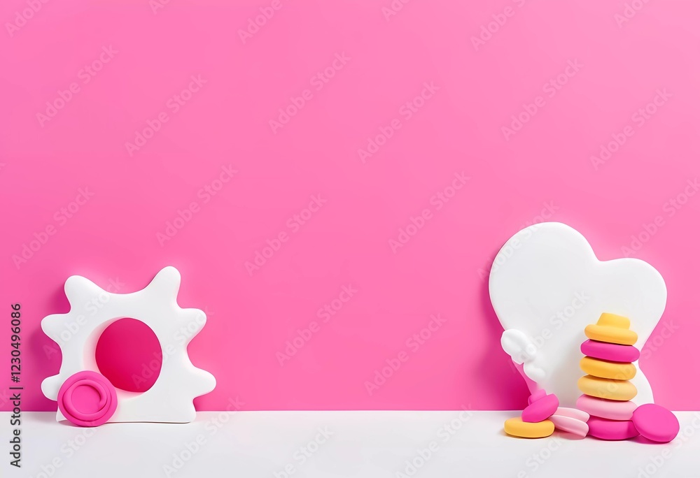 Poster colorful play doh shapes are arranged against a bright pink background, featuring a unique design an