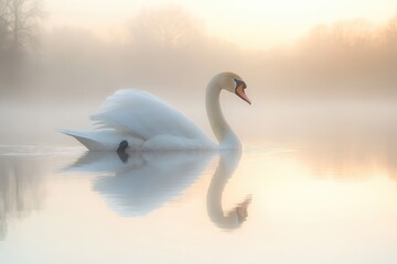 Fototapeta premium A swan gliding across a still, misty lake at dawn, the water perfectly reflecting the serene scene