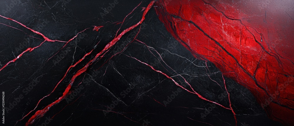 Poster abstract digital art piece with a black background and a red and black color scheme. the red color i