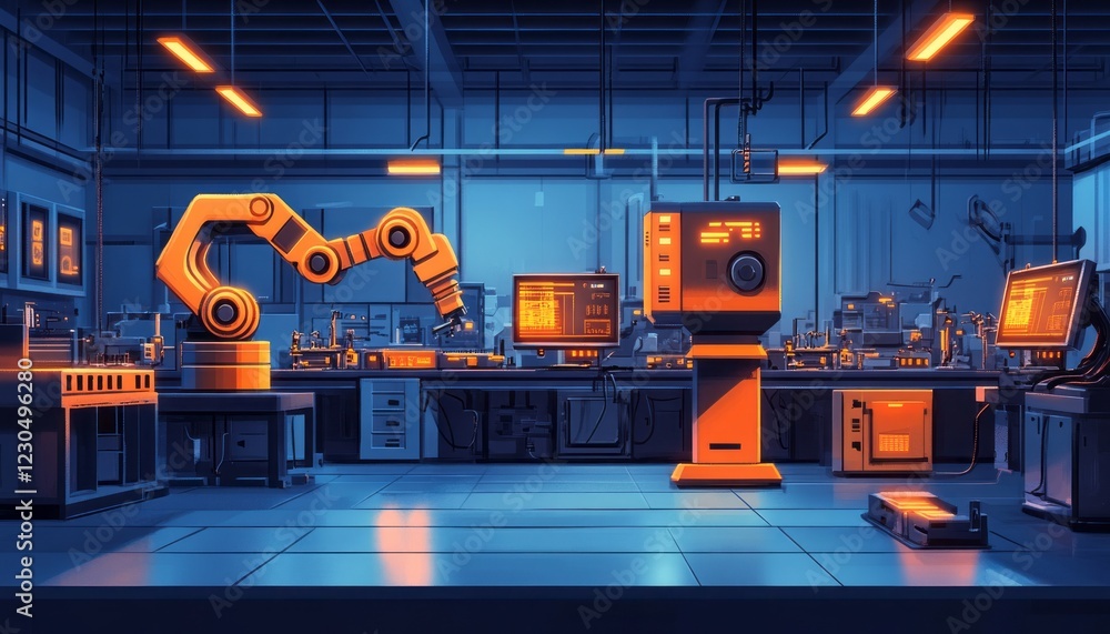 Poster futuristic robotic laboratory with orange robotic arm and computers.