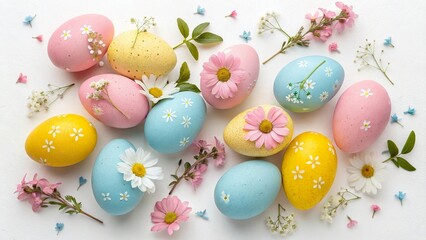 Obraz premium Colorful flat lay of traditional Easter eggs surrounded by flowers and greenery for a festive spring celebration