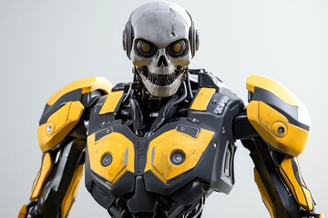 A robot with a head in the shape of an iron skull, wearing gray-yellow armor.