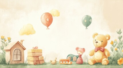 Obraz premium Playful Teddy Bear Scene with Toys and Balloons