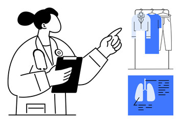 Medical professional with clipboard gestures toward clothing on a hanger and lung anatomy chart. Ideal for health education, medical discussions, respiratory care, clothing considerations