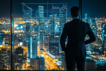 Business professional analyzes city skyline while planning future projects in a high-rise office at night