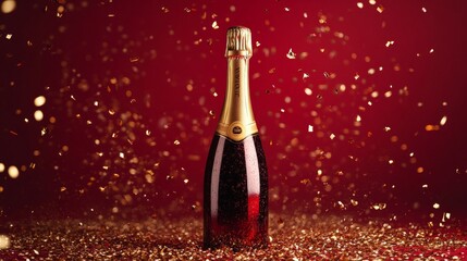 Fototapeta premium Champagne bottle with gold confetti and bokeh lights for New Year celebration, birthday, Valentine's day, special event