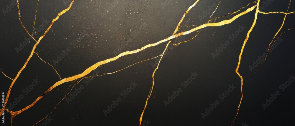 Poster close-up of a black background with a gold-colored crack running horizontally across it. the crack a