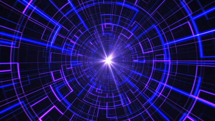 Abstract technology background of glowing digital hyperspace tunnel in the Universe. Time travel and cosmos exploration concept. Blue and purple neon tunnel with a bright guiding star. 