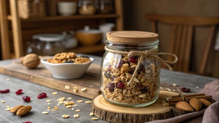 Rustic jar filled with granola featuring oats, nuts, and dried fruit on a kitchen countertop surrounded by cozy decor and natural light