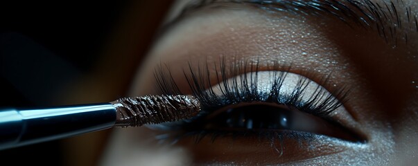 A detailed shot of mascara being applied to thick lashes with dramatic shadows