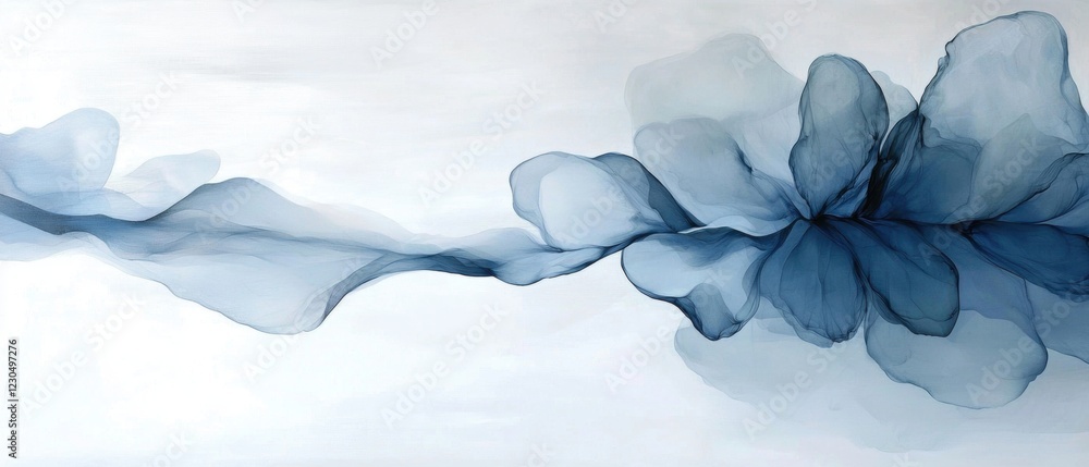 Poster abstract digital art piece with a white background. it features a large, dark blue flower in the cen