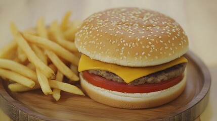 Juicy Cheeseburger with Golden French Fries on Wooden Plate
