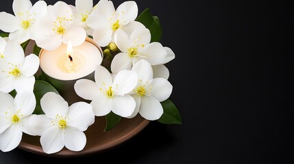Close-up of white jasmine flowers on a brown plate with softly glowing candles, evoking calmness and contemplation in a dark setting
