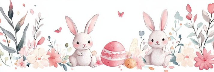 Obraz premium Watercolor illustration of two adorable bunnies among decorated Easter eggs, surrounded by spring flowers and foliage.