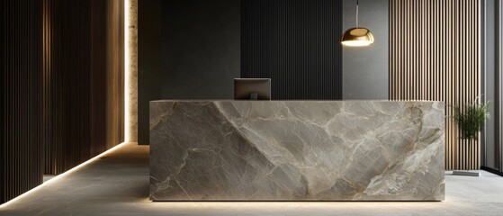 Modern and luxurious reception area with a marble countertop in the center. the countertop is made of a light-colored marble with a unique pattern of veins and grooves.