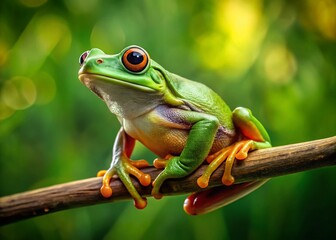 Naklejka premium Vibrant Green Tree Frog Perched on Branch - High-Resolution Stock Photo