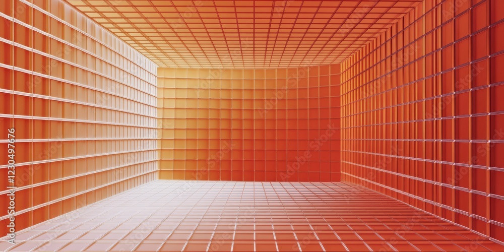 Poster a dynamic abstract interior featuring bold orange and red grid patterns, offering a futuristic and m