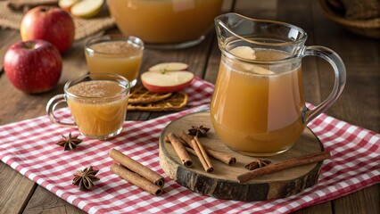 Rustic wooden table featuring a pitcher of homemade apple cider with cinnamon sticks and fresh apples