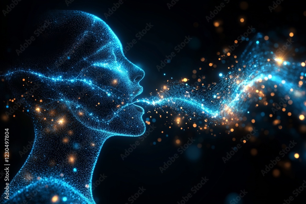 Poster digital representation of a person in profile emitting light particles in a dark background