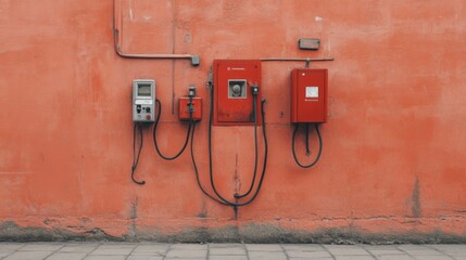 Red wall with electrical boxes and meters.