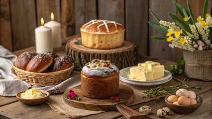 Rustic wooden table displays a festive selection of Easter baked goods and spring decorations perfect for celebration