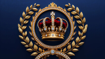 Ornate crown with red jewels surrounded by golden laurel on deep blue background.