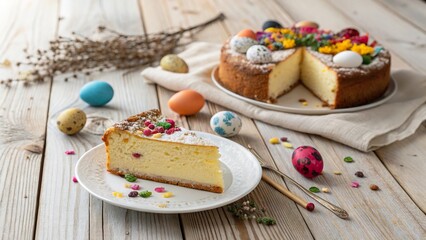 Rustic wooden table set with festive cake slice and decorated eggs amidst springtime flowers