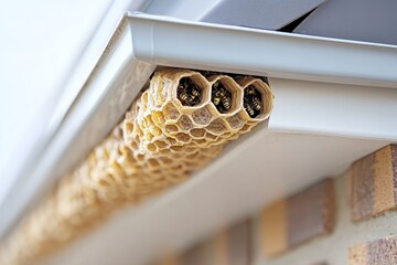 Bees construct hexagonal honeycomb structure under roof eaves during summer in a suburban neighborhood