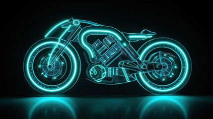 Glowing neon motorcycle with futuristic light effects on black background