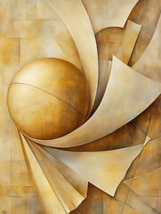 Abstract golden sphere with swirling shapes on a textured beige background