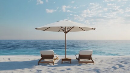 Relaxing Beachfront View with Comfortable Lounge Chairs and Umbrella by the Ocean Shore