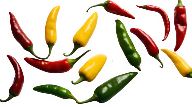 colorful chilies isolated on regularly arranged on white background