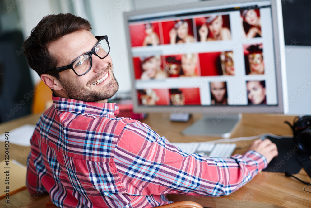 Aufkleber portrait, man and computer screen with photo editor for retouching picture, editing or work for maga