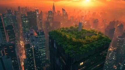 Obraz premium Breathtaking sunset over a futuristic city skyline with glowing clouds