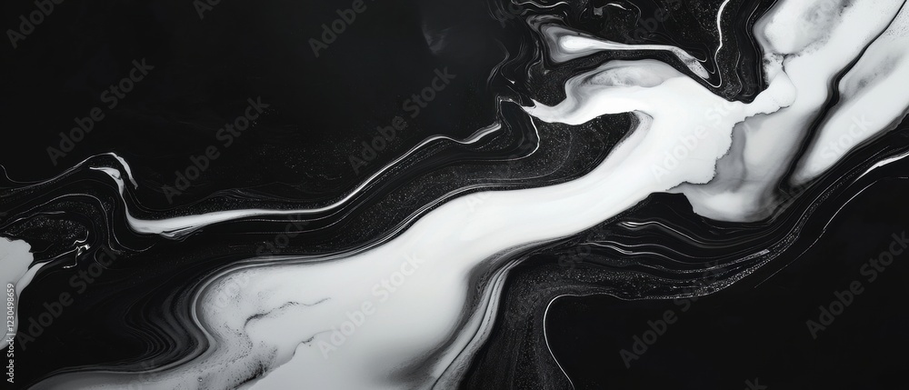 Poster abstract black and white painting with a fluid and fluidity composition. the background is predomina