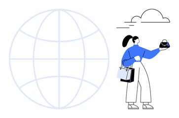 Woman holding a globe while carrying a shopping bag, global map grid and cloud nearby. Ideal for global commerce, travel, connectivity, international trade, modern business, world awareness, personal